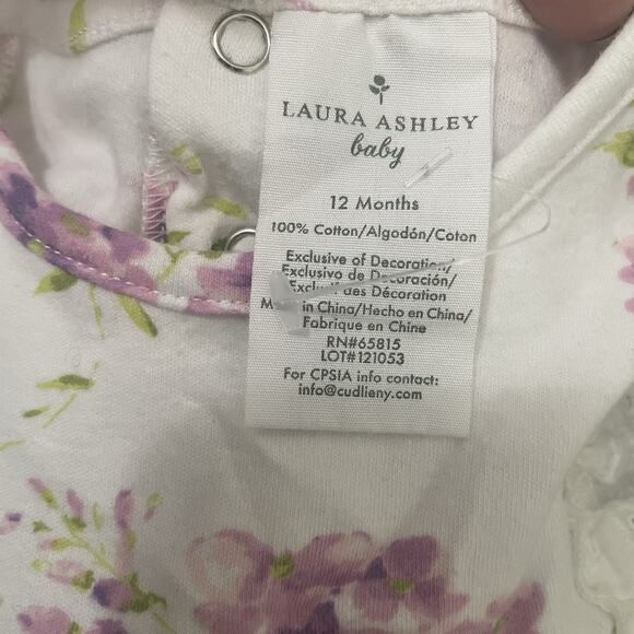 Laura Ashley Romper Baby 12 Mos White Floral Lace Ruffle Cotton One Piece Snaps - Picture 4 of 5